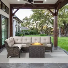 POCASSY Outdoor Sectional Sofa with Fire Pit Table - All Weather Brown Wicker Patio Furniture Set L Shaped Sectional Sofa with Fire Pit Table
