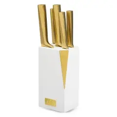 6-Piece Slim Acacia Knife Block Set with Gold Blades and White Accent Block