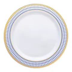 Smarty Had A Party 10.25" White w/ Blue and Gold Rim Plastic Dinner Plates - 120 pcs