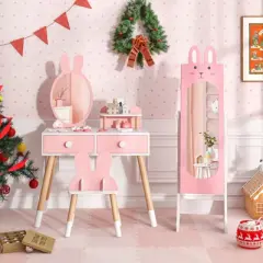 Tangkula Kids Jewelry Armoire Cabinet Free-Standing Full Length Mirror with Storage and 4 Tilt Angles