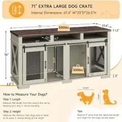 Dog Crate Furniture for 2 Dogs, 71" Double Kennel TV Stand with Divider and Barn Doors, Indoor Dog Cage