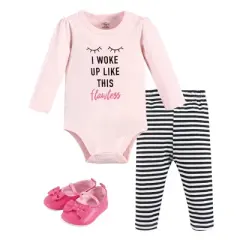 Little Treasure Baby Girl Cotton Bodysuit, Pant and Shoe 3pc Set, Flawless