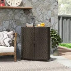 Outsunny Wicker Outdoor Storage Cabinet with Shelves, 2-Door Rattan Outdoor Pool Towel Storage Cabinet for Garden, Backyard, Porch