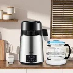 VEVOR 1.1Gal Water Distiller, 0.4Gal/H, Distilled Water Maker Machine 1750W 0-99H Timing Dual Temp Display, 304 Stainless Steel Countertop Distiller