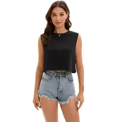 ATHLECHIC Women's Casual Loose Crewneck Sleeveless Crop Tank Top