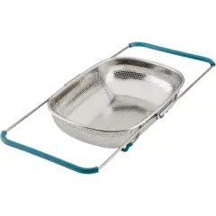 Rachael Ray Tools and Gadgets Over-The-Sink Colander/Strainer, 4.5 Quart, Stainless Steel with Agave Blue Handles