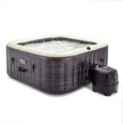 Intex PureSpa Plus Greystone Inflatable Square Outdoor Hot Tub Spa, 83" x 28" with PureSpa Maintenance Accessory Brush, Skimmer, and Scrubber Kit