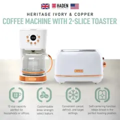 Haden Heritage 2 Slice Wide Slot Stainless Steel Toaster Bundled with 12 Cup Programmable Drip Coffee Maker Coffee Machine, Ivory & Copper