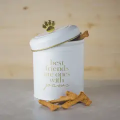 Amici Pet Stella Metal Treats Storage Canister, Cylindrical Shape with Gold Paw Shaped Knob, Food Safe, Push Top Lid, 64 Ounce Capacity