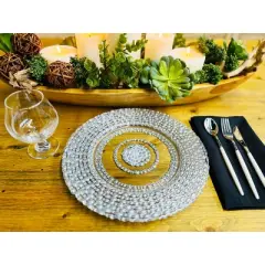 Essential Decor & Beyond  13.2" Modern Round Glass Charger with Silver Oval Pattern Set of 4