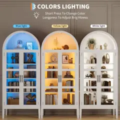 70" Tall Arched Kitchen Pantry Cabinet with Lights, Modern Wood Arched Cabinet with Glass Doors & Adjustable Shelves