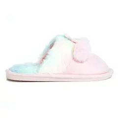 Limited Too Girl's House Slippers in Pink with Pom Poms and Colorful Fuzzy Footbed