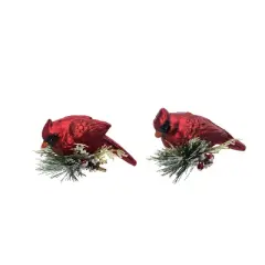 Transpac Glass Clip On Cardinal with Evergreen Detail Tree Ornament Red Glass Christmas Decoration for Holiday Gifts