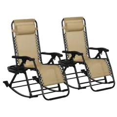 TIRAMISUBEST 2-Pack Zero Gravity Rocking Chairs, Foldable Outdoor Lounge Recliners with Pillow, Cup Holder & Phone Pocket, Beige