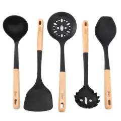 Oster Marion 5 Piece Silicone and Wood Kitchen Tool Set in Black