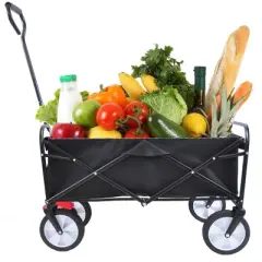FURNIinspire Wheelbarrows And Lawn Carts Folding Wagon Cart, Collapsible Garden, Beach And Shopping Utility Cart With Handle, Black, 41&ldquo;*21"*46"
