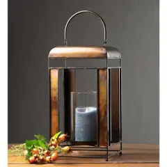 Brozne Metal Candle Holder with Amber Glass Panes and Hurricane 13.5"H