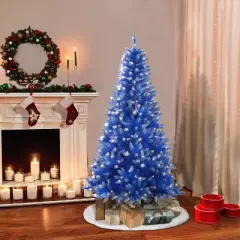 6.5ft Puleo Pre-Lit Blue Artificial Christmas Tree Clear Lights: Flame-Retardant, Hinged Branches, Easy Setup