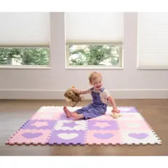 Tadpoles Hearts & Stars Foam Playmats for Kids, 16 Interlocking Foam Tiles | Total coverage 50 x 50 | For Ages 3 and Up | Pink, Purple & White