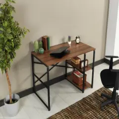GlasFlength Desks Metal Frame 2 Shelves Computer Desk Gaming Desk Home Office Desk Simple Design for Small Spaces, Brown, 25"*47"*28"