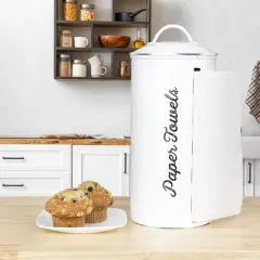 AuldHome Design Farmhouse Paper Towel Holder (White); Rustic Enamelware Countertop Paper Towel Dispenser for Kitchen