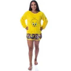 Looney Tunes Womens' Tweety Bird Sweater and Shorts Sleep Pajama Set Yellow