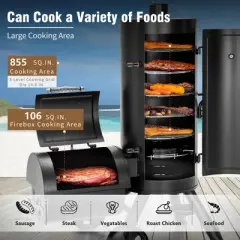 Captiva Designs Charcoal Vertical Smoker and Offset Grill Combo &ndash; Extra Large Outdoor BBQ with 5 Removable Grates & Meat Hooks.