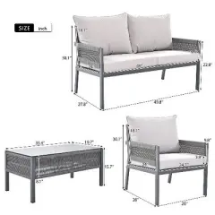 Sapphtopaz 4-Piece Boho Outdoor Patio Sofa Set with Tempered Glass Table, Outdoor Sofa Set with Cushions, Rope Patio Furniture Set