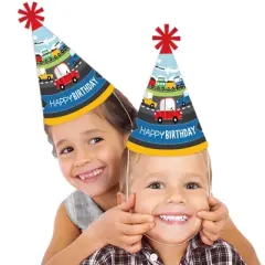 Big Dot of Happiness Cars, Trains, and Airplanes - Cone Happy Birthday Party Hats for Kids and Adults - Set of 8 (Standard Size)