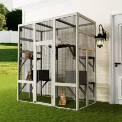 KTMBDW Cat House Outdoor Catio Kitty Enclosure with Enter Door,Wooden Cat Cage Condo Indoor Playpen with Platforms,Small House,70 Inch, Gray