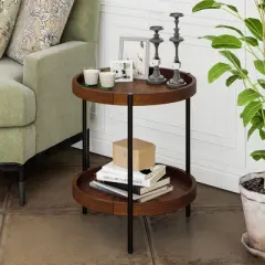 Costway 2-tier Round Side End Table Storage Shelf Rubber Wood Accent Nightstand
