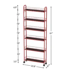 FONTOI Baker's Racks, 6 Tier Storage Cart with Wheels, Slim Slide Out Storage Rack with 6 Baskets for Laundry Kitchen Narrow Space, Red, 6"*61"*22.8"