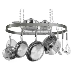 Range Kleen Hammered Gray Enameled Oval Hanging Pot Rack: Steel Ceiling Mount Pot Organizer, 32.5" x 17.38"