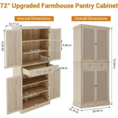 72" Wooden Tall Pantry Cabinet, Kitchen Pantry Storage Cabinets with 4 Door & 4 Adjustable Shelves and a Drawer for Kitchen, Dining Room, Wood