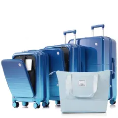 Wooakway 4-Piece Blue Luggage Set with 20, 24inch ABS+PC Hard Shell USB Port Front Opening Expandable Travel Bag