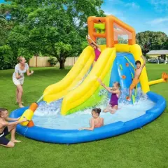 Bestway H2OGO! Mount Splashmore Kids Inflatable Outdoor Backyard Water Slide Splash Mega Park Toy w/Climbing Wall, Slide, Splash Zone, & Spray Blaster
