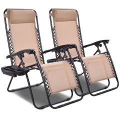 Costway 2PCS Zero Gravity Chairs Lounge Patio Folding Recliner Beige W/Cup Holder