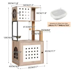 Kumasinova Modern Cat Tree with Litter Box Enclosure,Cat Tree Tower with Feeding Station,Multi-Functional Cat Tower with Scratching Post,Gray+White