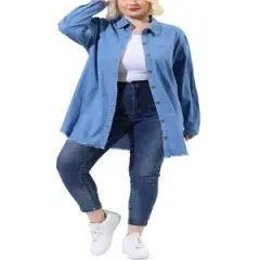 Agnes Orinda Women's Plus Size Lightweight Button Down Denim Long Sleeve Shirt Jacket