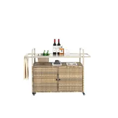 MOEPISY Outdoor Wicker Serving Carts with Cabinet, Patio Serving Cart with Steel Top
