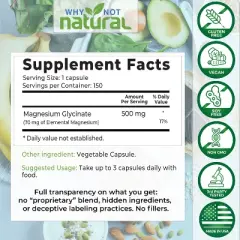Why Not Natural Magnesium Glycinate 500 mg Capsules Supplement - Vegan, 100% Pure, No Filler - Supports Sleep and Relaxation, 150 Capsules