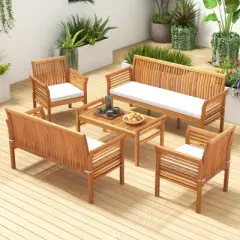 Tangkula 5 Pieces Acacia Wood Patio Conversation Set Outdoor Furniture Sofa Set with Removable Seat Cushions Sectional Sofa & Table Set