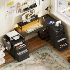 Aheaplus Reversible L Shaped Computer Desk, Home Office Desk with Fabric File Drawers