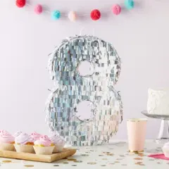 Blue Panda Small Silver Holographic Foil Number 8 Pinata for Kids 8th Birthday Party Decorations, 15.7 x 9 in