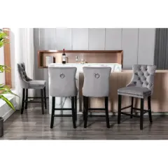 Set of 2 Velvet Upholstered Barstools with Button Tufted Decoration, Chrome Nailhead Trim and Wooden Legs-ModernLuxe