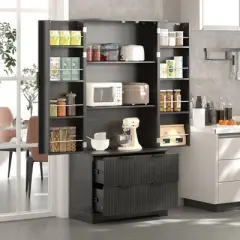Storage Cabinets, 71" Kitchen Pantry Cabinet with 8 Hanging Shelves and 2 Large Drawer, Freestanding Tall Cupboard for Living Room