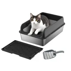 Stainless Steel Cat Litter Box with Lid,Metal Cat Litter Box, High Wall Sided Enclosure Kitty Litter Box with Scoop and Mats