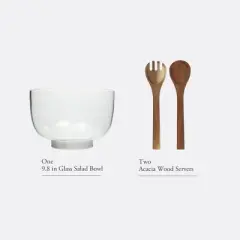 Gibson Elite Wildgreens Large Glass Salad Bowl Set with Acacia Serving Utensils