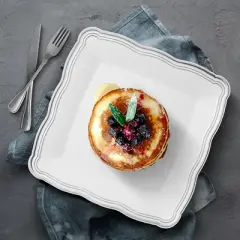 Posh Setting 12 X 12 Inch Square White and Silver Rim Plastic Serving Tray - 6 Pack