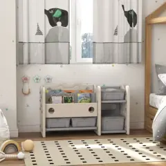 Qaba Kids Toy Storage, 2 Tier Toy Organizer with 4 Storage Boxes, Bookshelves for Kids Room, Nursery, Playroom, Cream White